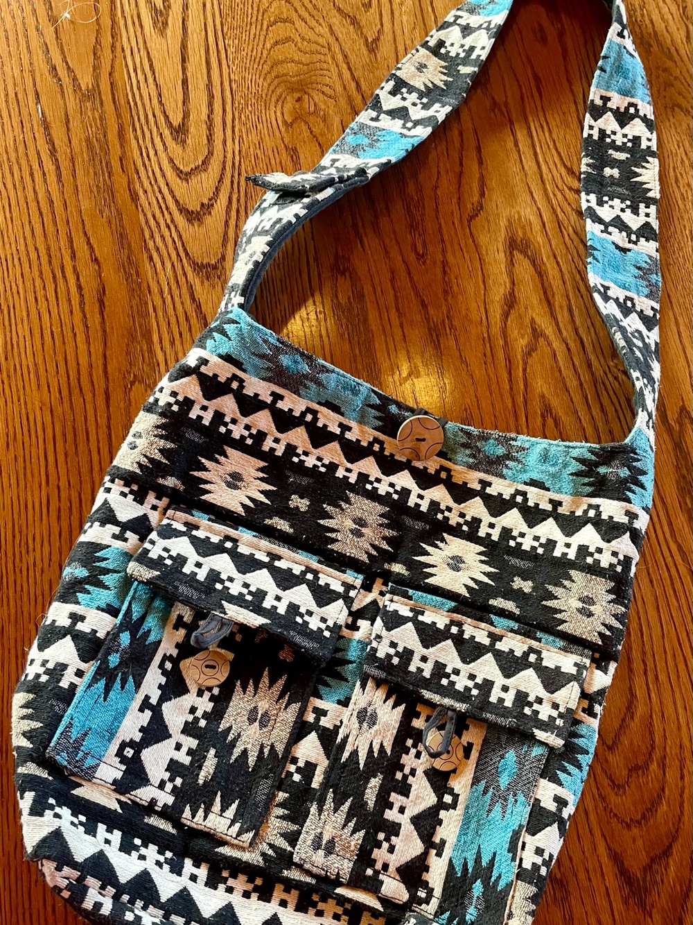 Turquoise & Black Aztec Canvas Satchel - Boho Crossbody